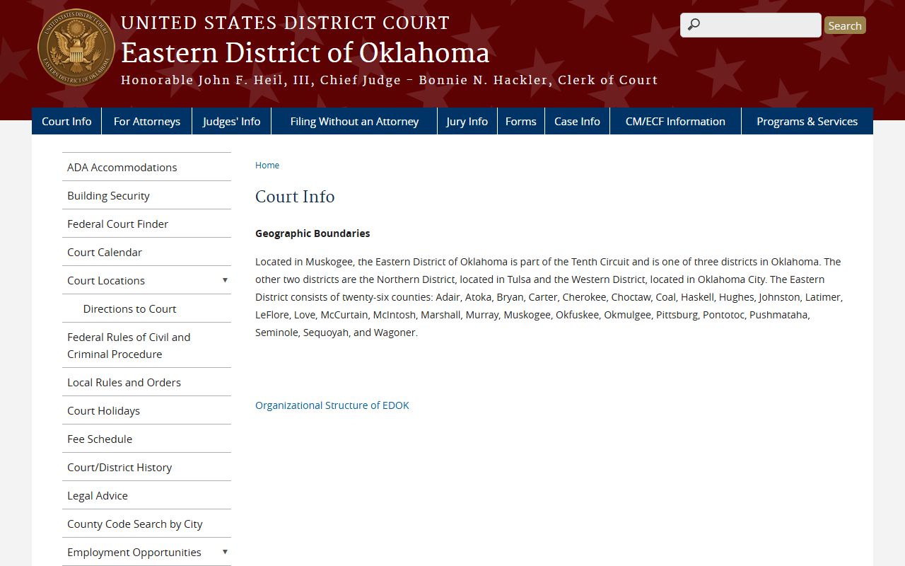 Eastern District of Oklahoma court information and county list including Okfuskee County