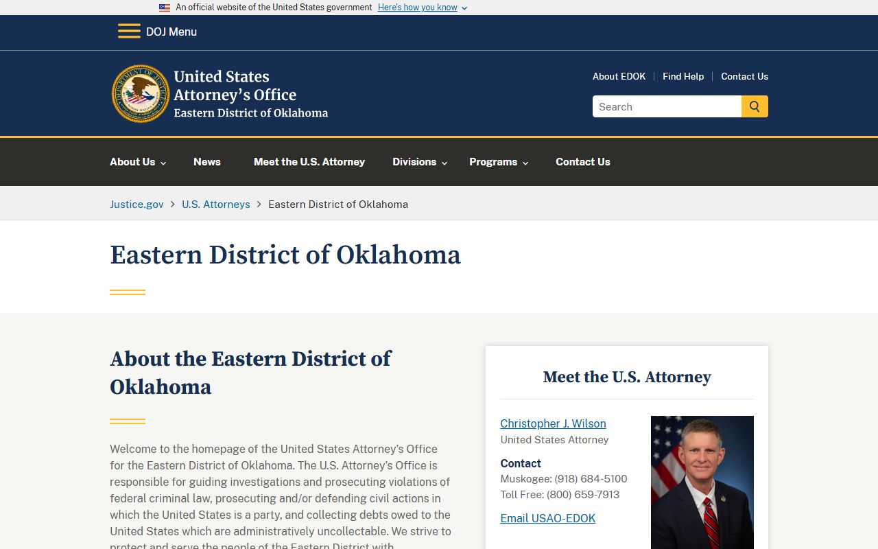 U.S. Attorney Eastern District of Oklahoma for Okfuskee County arrest records and charges