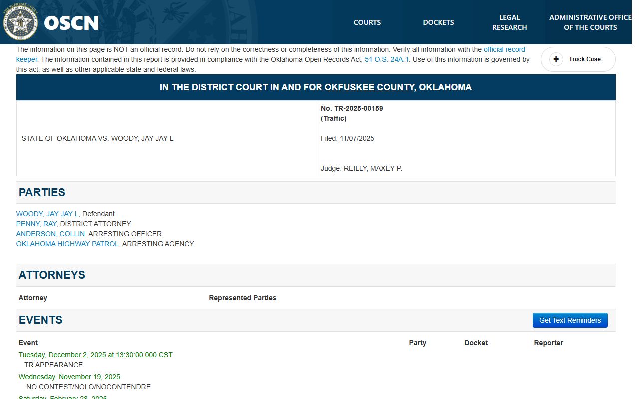 Sample Okfuskee County OSCN traffic court docket for case TR-2025-00159