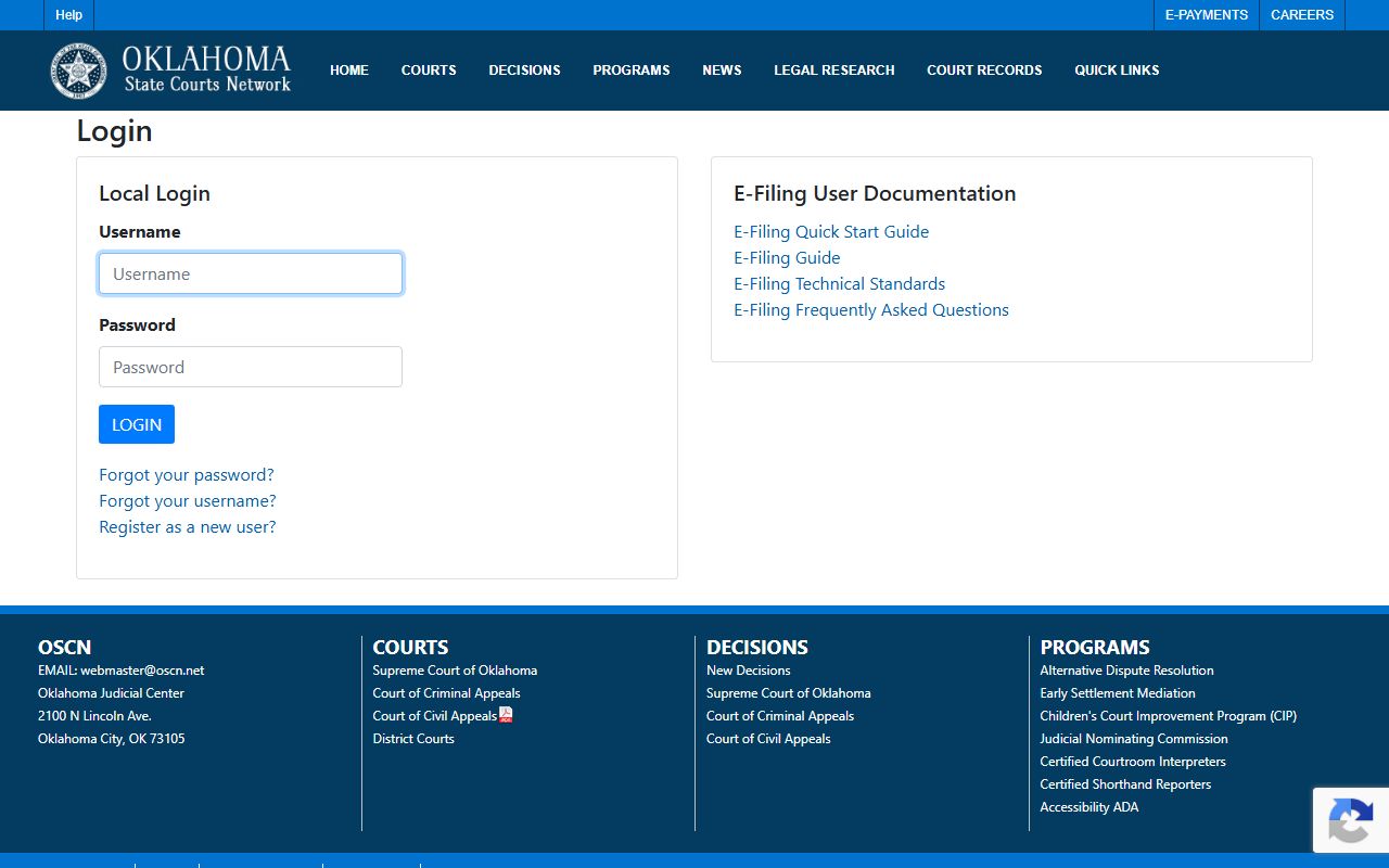 Oklahoma e-filing portal public-access notice for Okfuskee County court records