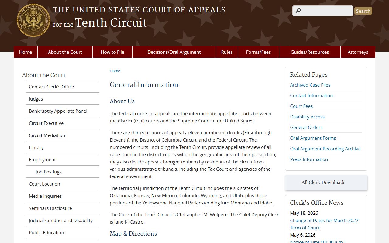 Tenth Circuit clerk general information page covering federal appeals from Okfuskee County
