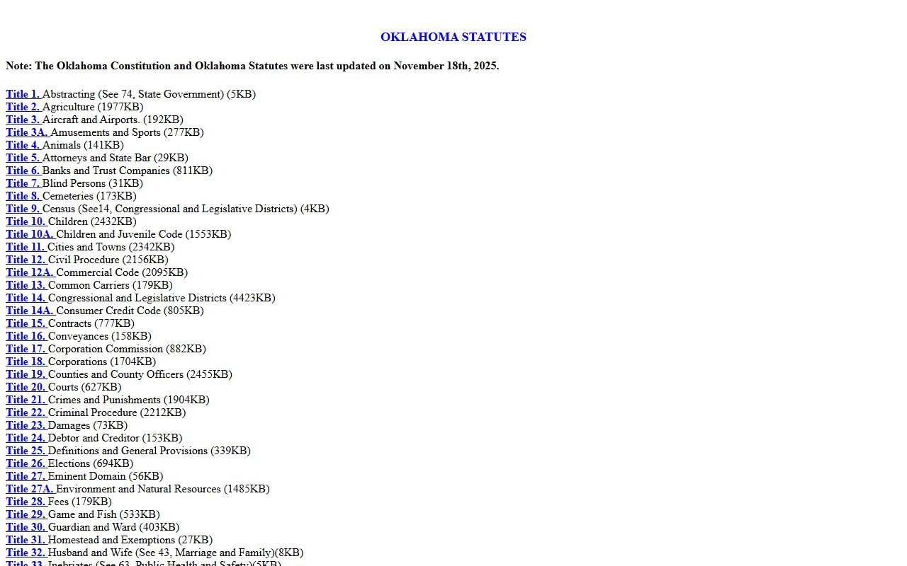 Oklahoma statute title index for Okfuskee County marriage and divorce record law