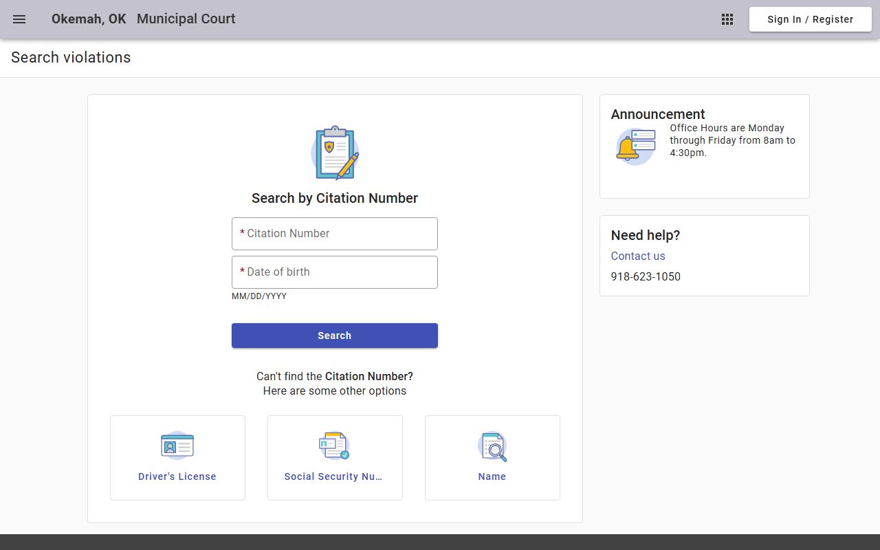 Okemah Municipal Court citation portal for Okfuskee County city traffic court records