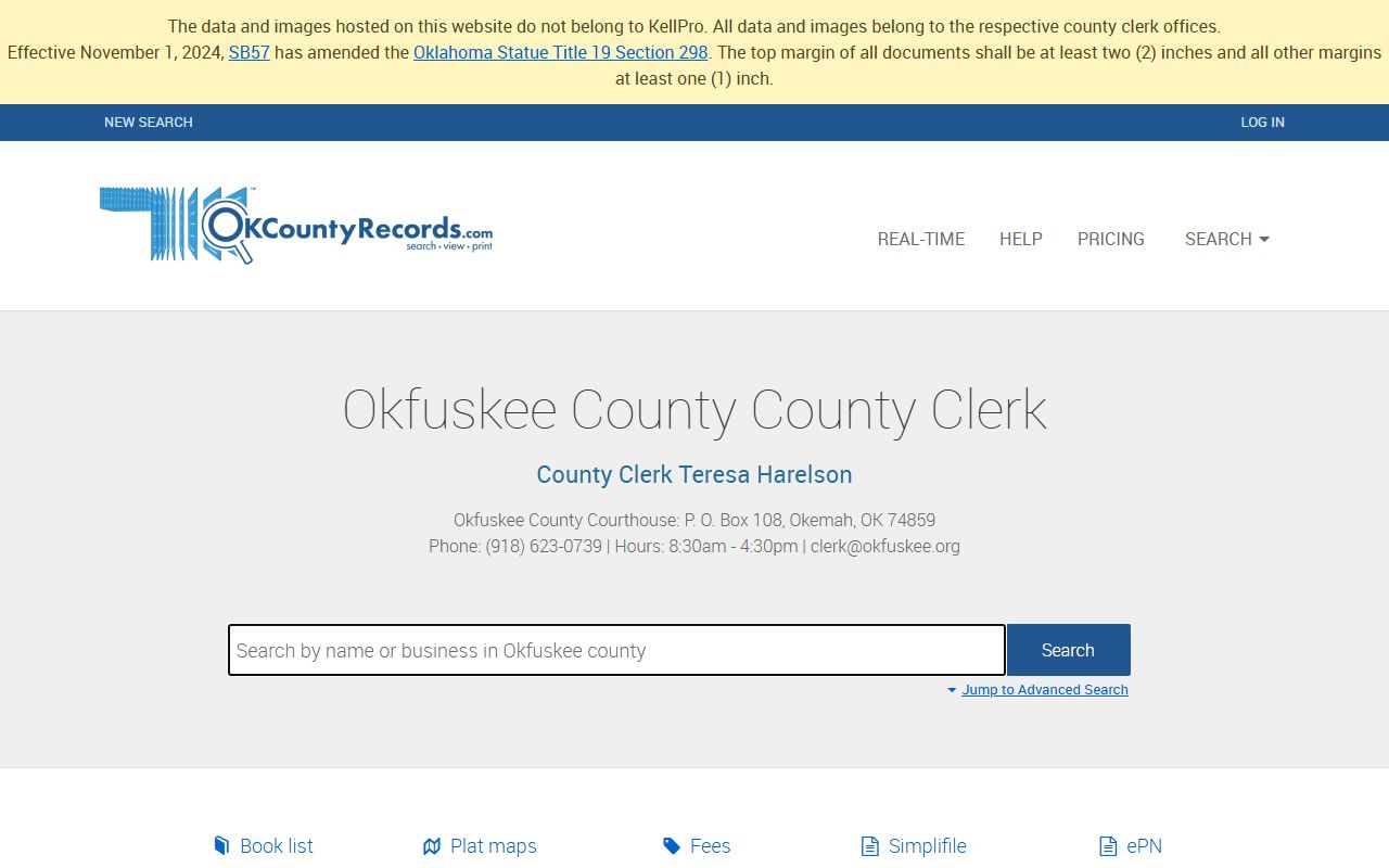 Okfuskee County Clerk land records portal for recorded court and property documents