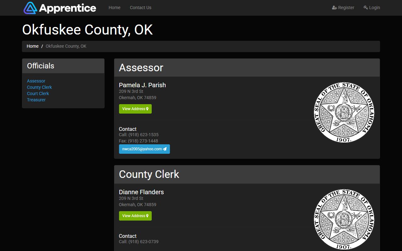 Okfuskee County official contact page listing courthouse and court records offices