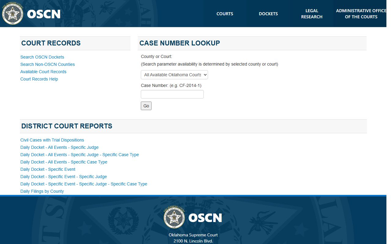 OSCN docket search showing Okfuskee County court records and case fields