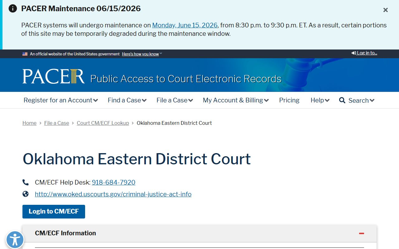 PACER CM/ECF lookup for Eastern District of Oklahoma federal records near Okfuskee County probate